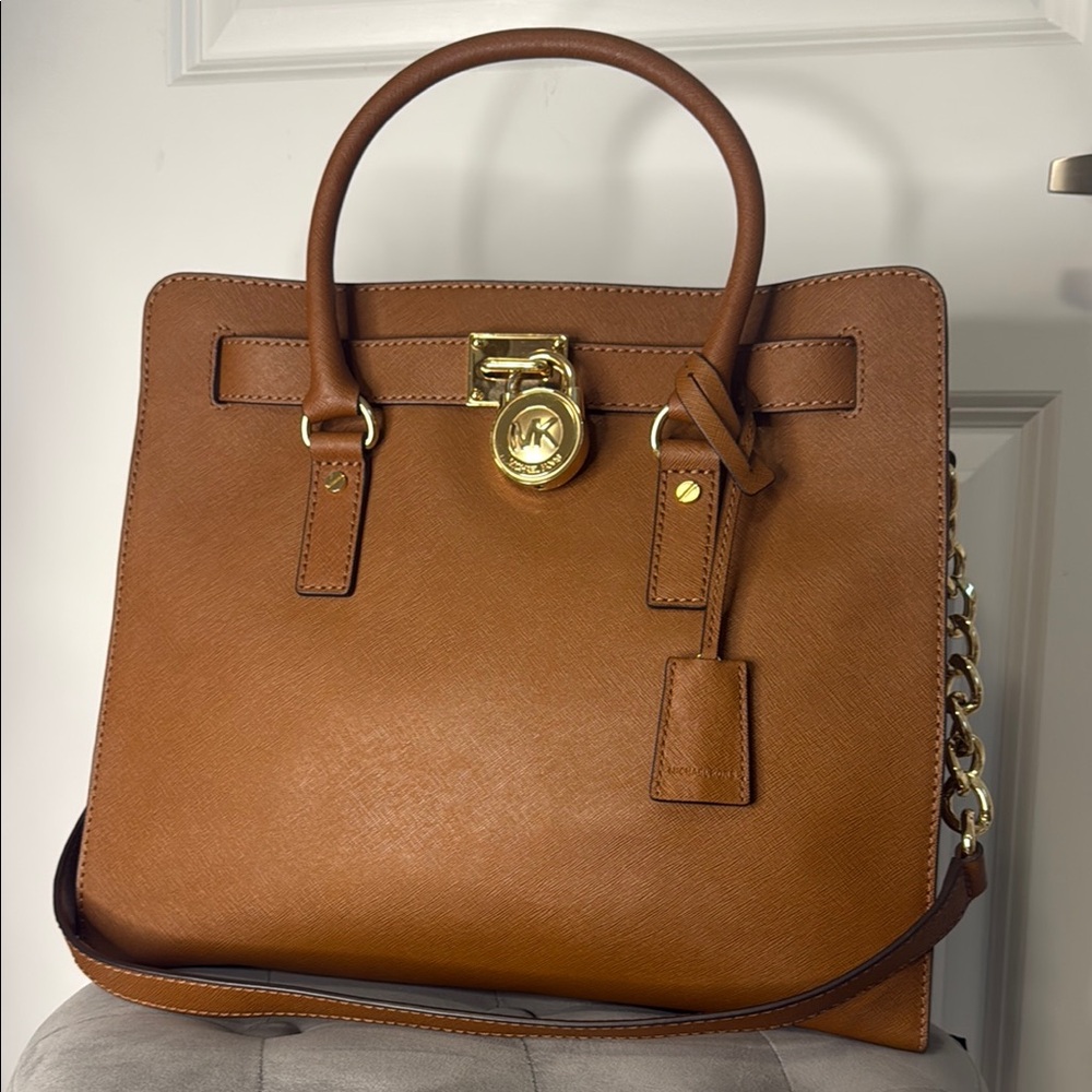 Michael KORS Hamilton Large Saffiano Cognac Leather Satchel with Gold Accents.